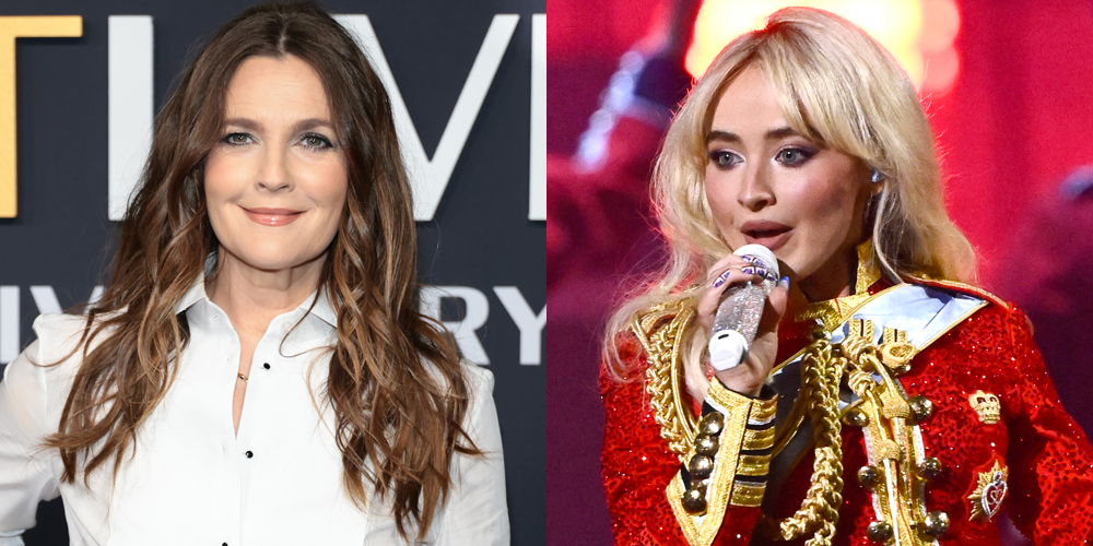 Drew Barrymore Wears Ghostface Mask to Get ‘Arrested’ By Sabrina Carpenter in NYC (1000×500)