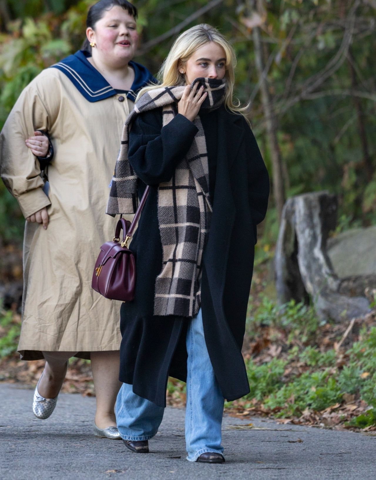 Sabrina Carpenter in Aritzia Coat and Plaid Scarf