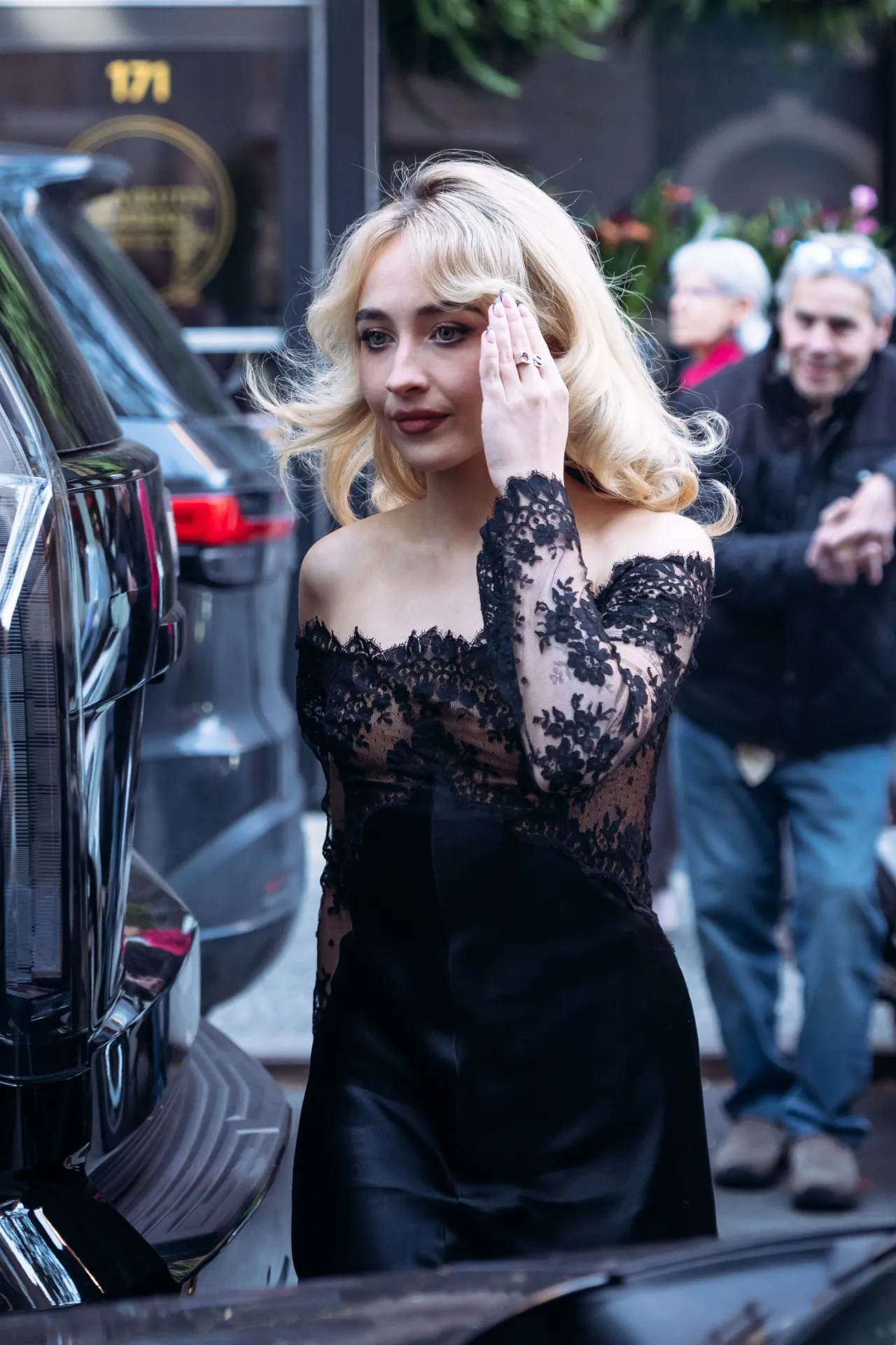 Sabrina Carpenter in Black Lace Dress at Pre Met