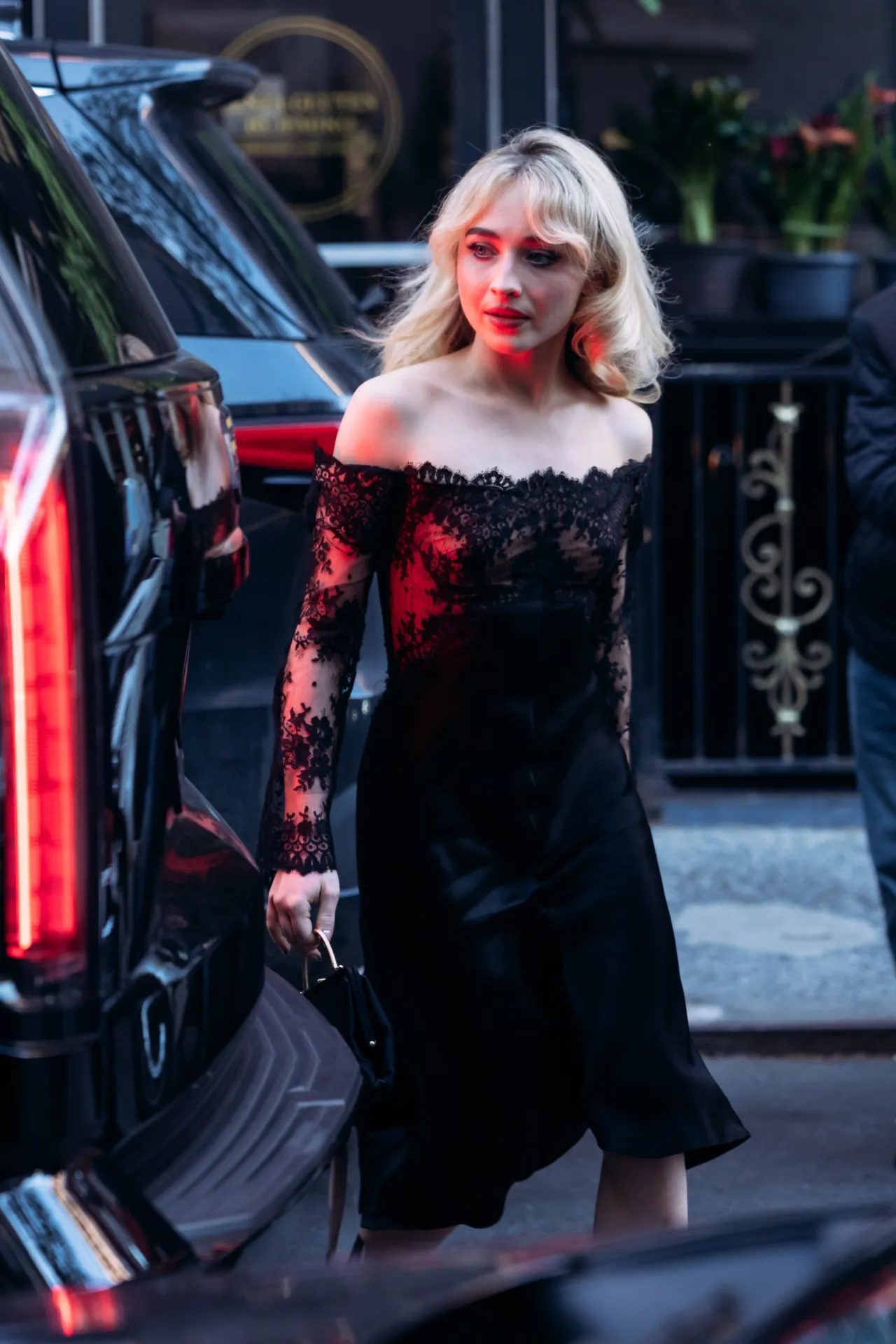 Sabrina Carpenter in Black Lace Dress at Pre Met