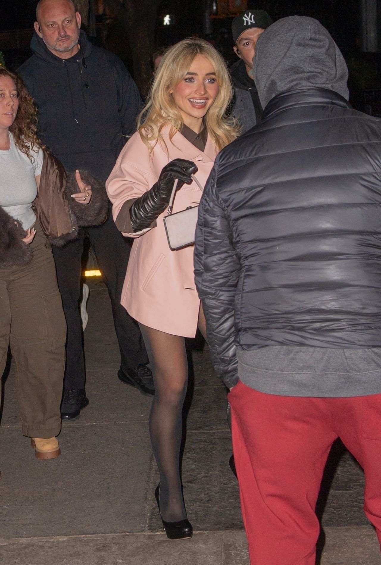 Sabrina Carpenter in Pink Prada Coat Out