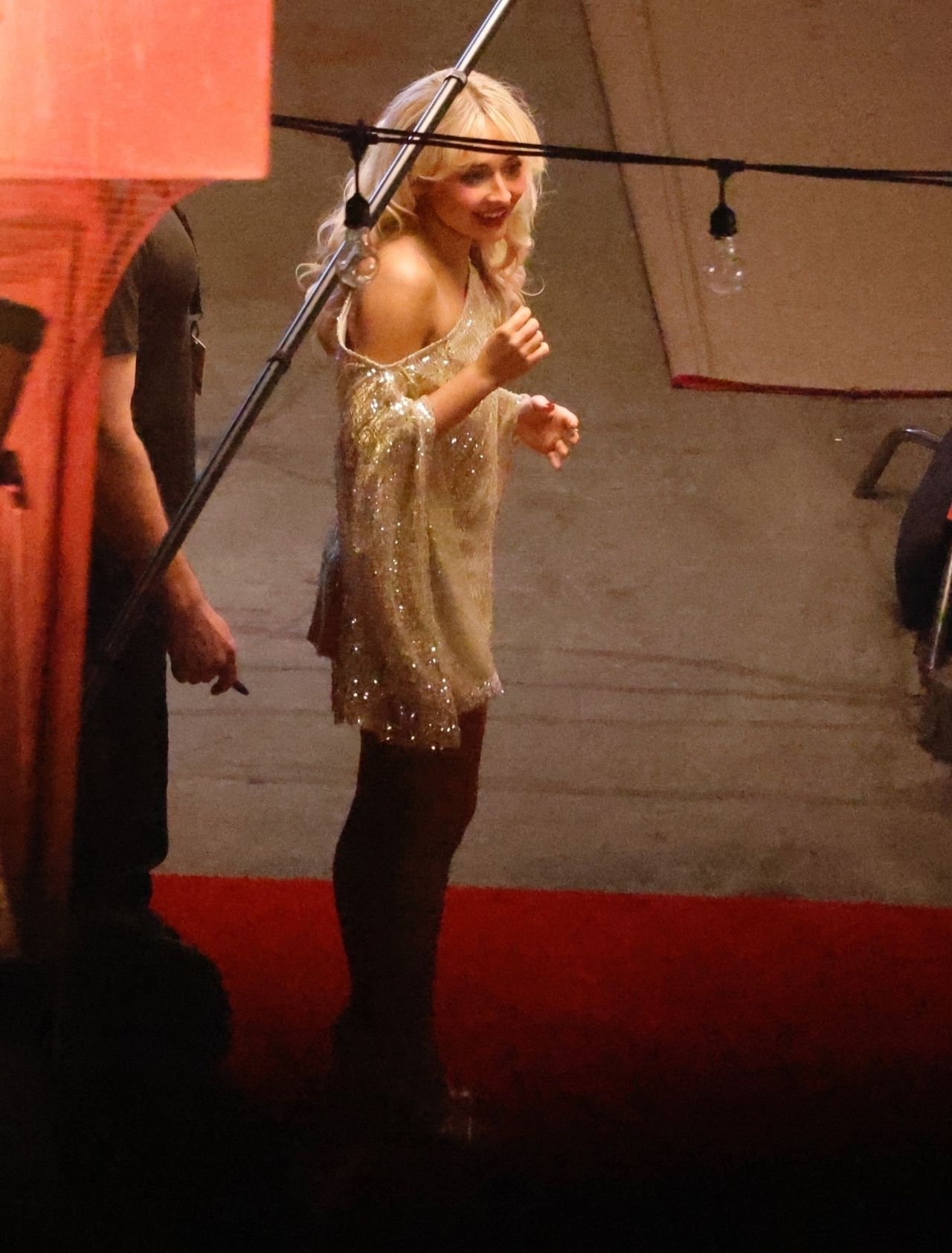 Sabrina Carpenter in Sequin Dress Filming Pringles