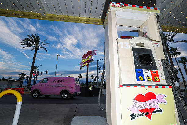 View of a gas pump and the pink truck at the Sabrina Carpenter Pit Stop on April 9, 2026 in Indio, California. Thousa...